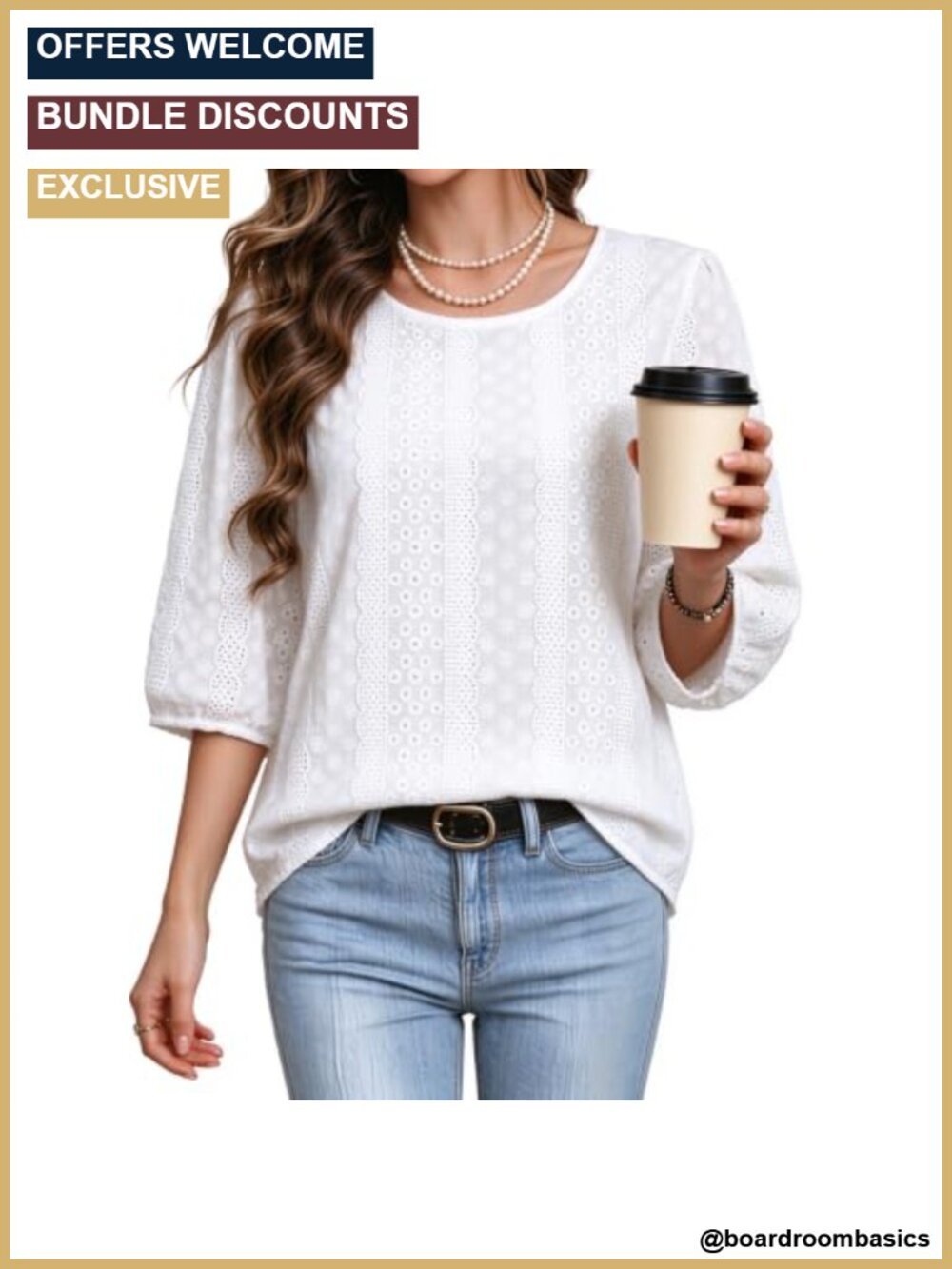 Boho Eyelet Embroidered Blouse 3/4 Sleeve Crew Neck Tunic